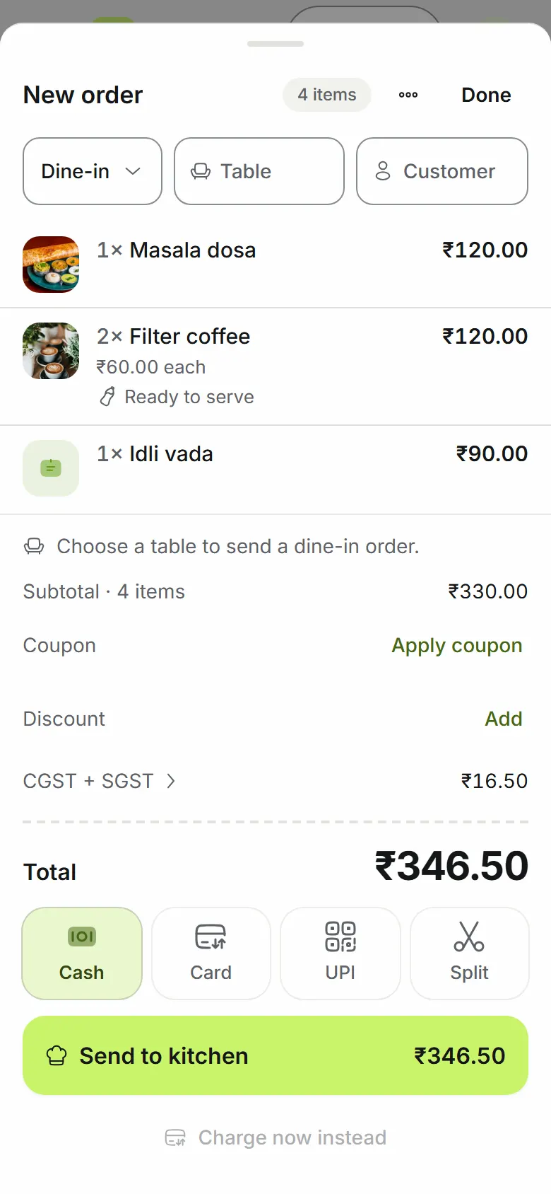 A new dine-in order on a phone: items, CGST and SGST, the total, and cash, card, UPI or split.